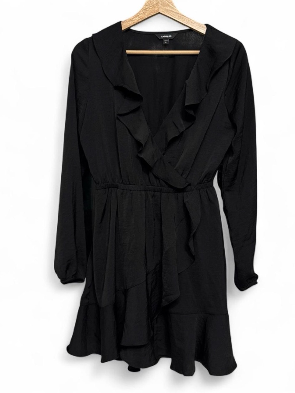 Express Black Long-Sleeve Ruffle Wrap Dress SP long sleeve